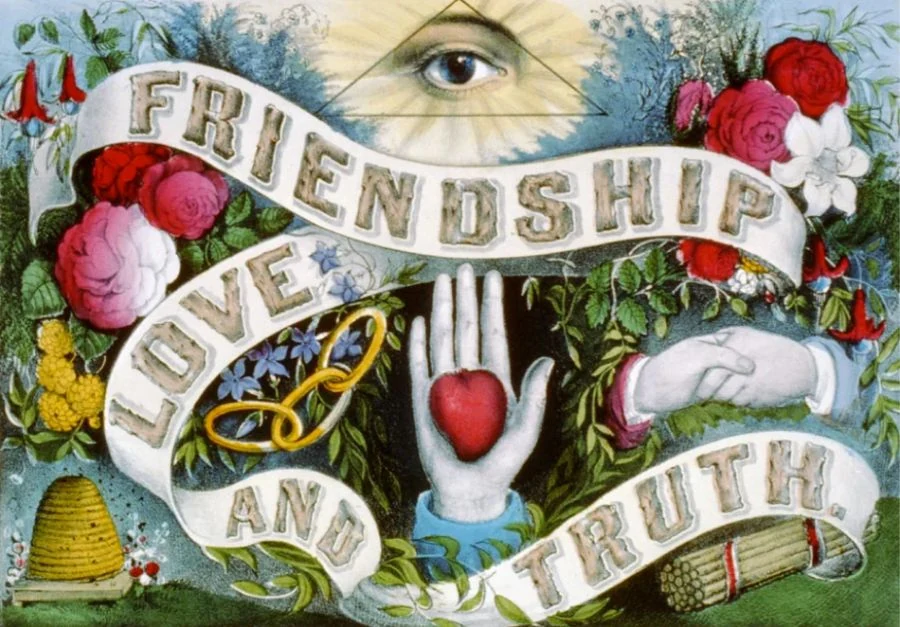 Friendship, Love and Truth: vintage Odd Fellows print with the all-seeing eye, linked rings, heart in hand, clasped hands, beehive and bundle of sticks